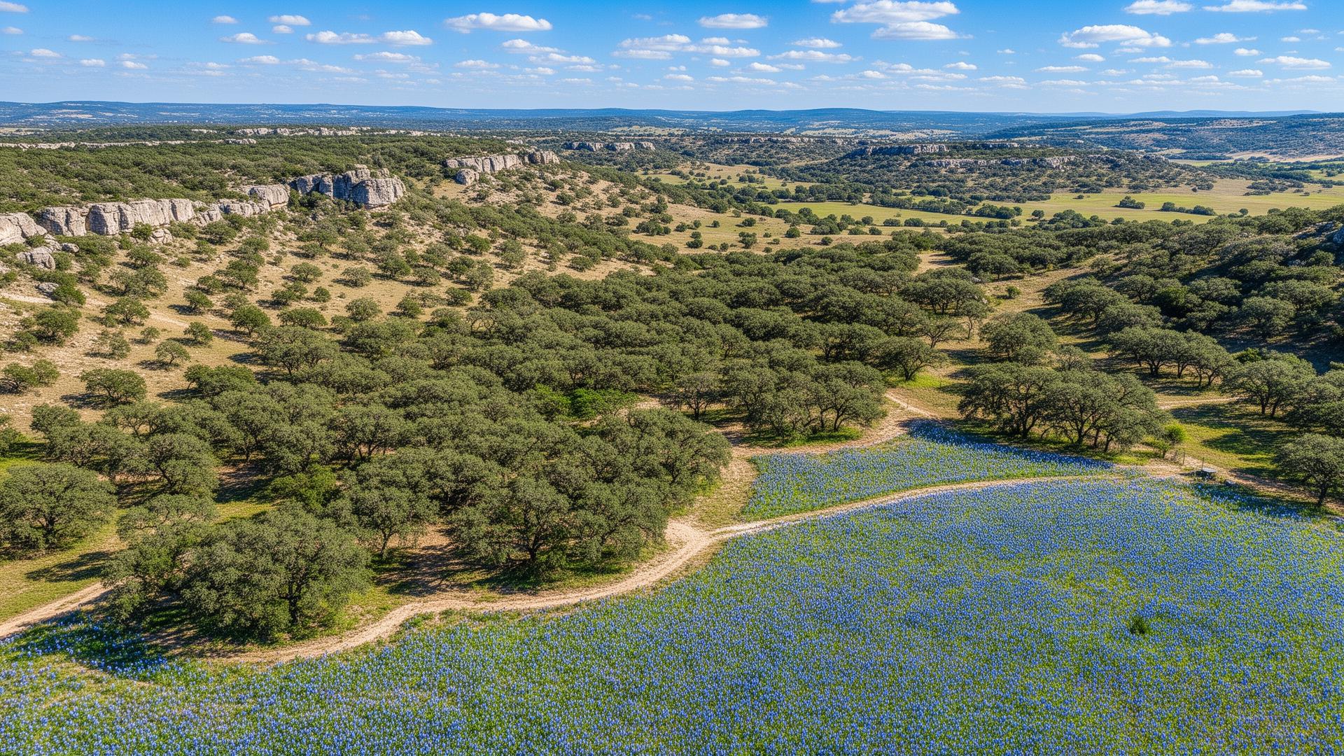 Hays County Texas Hill Country landscape with bluebonnets