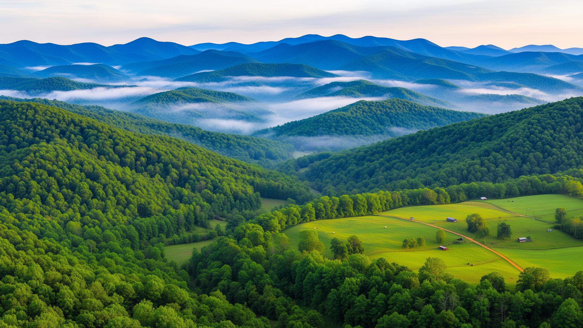 Scenic mountain valleys and Blue Ridge Mountains in Haywood County North Carolina