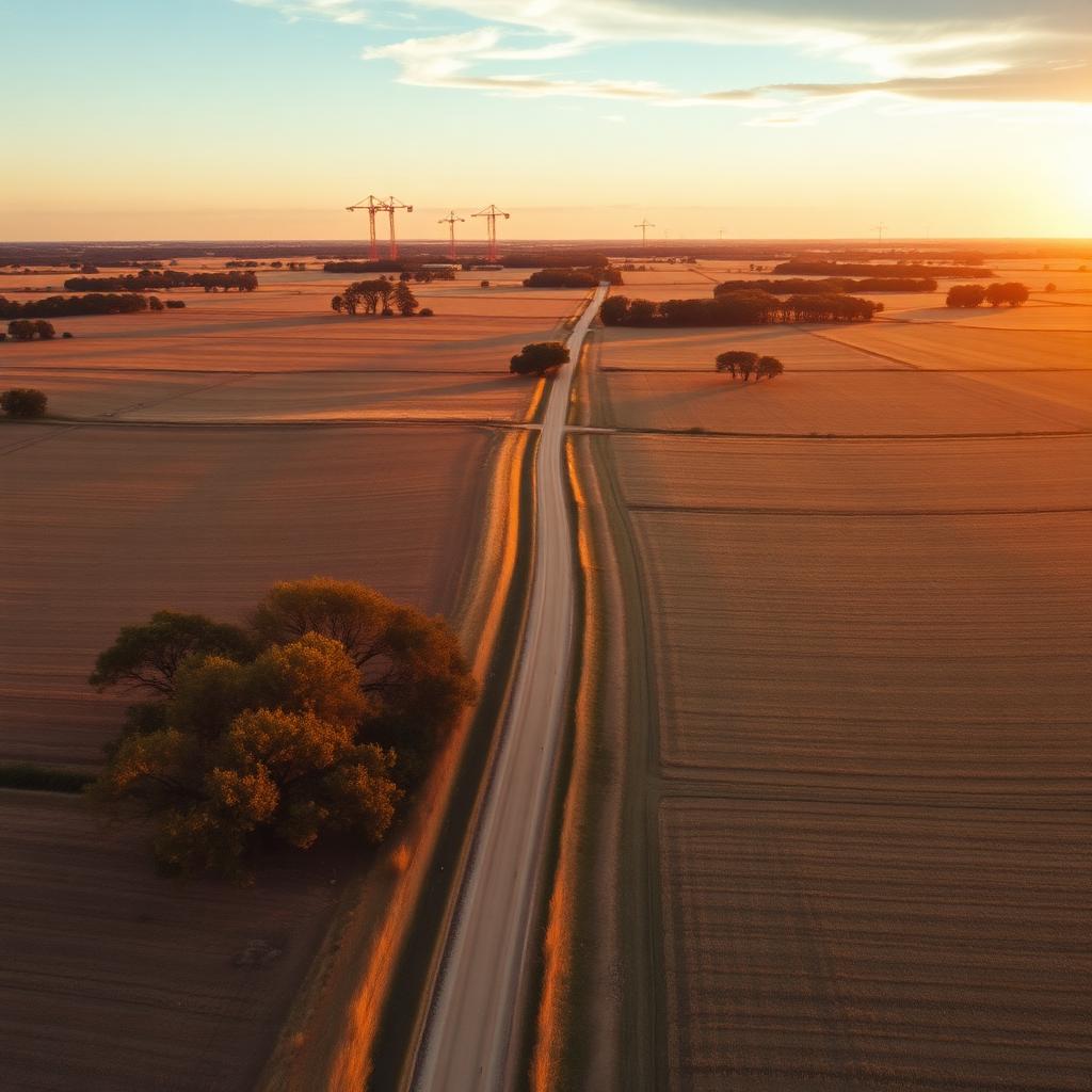 Rural Hill County, Texas farmland at golden hour with data center construction cranes on the horizon