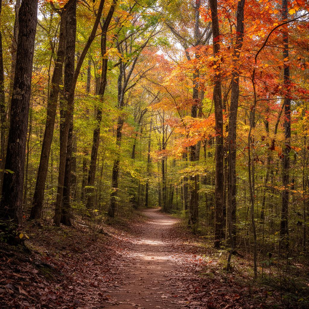 Pennyrile Forest hiking trail in Hopkins County Kentucky during fall