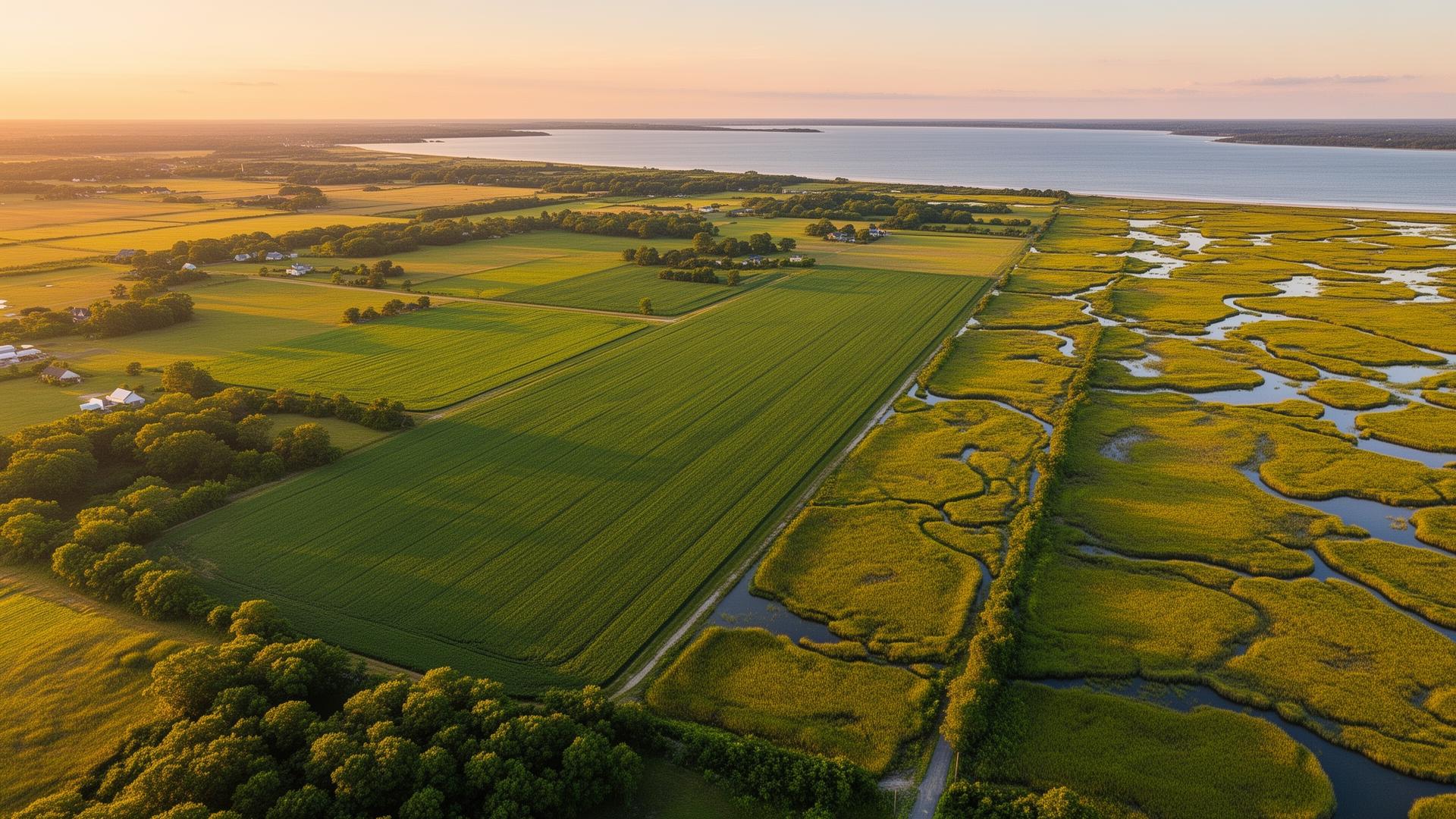 Delaware farmland and coastal wetlands aerial view