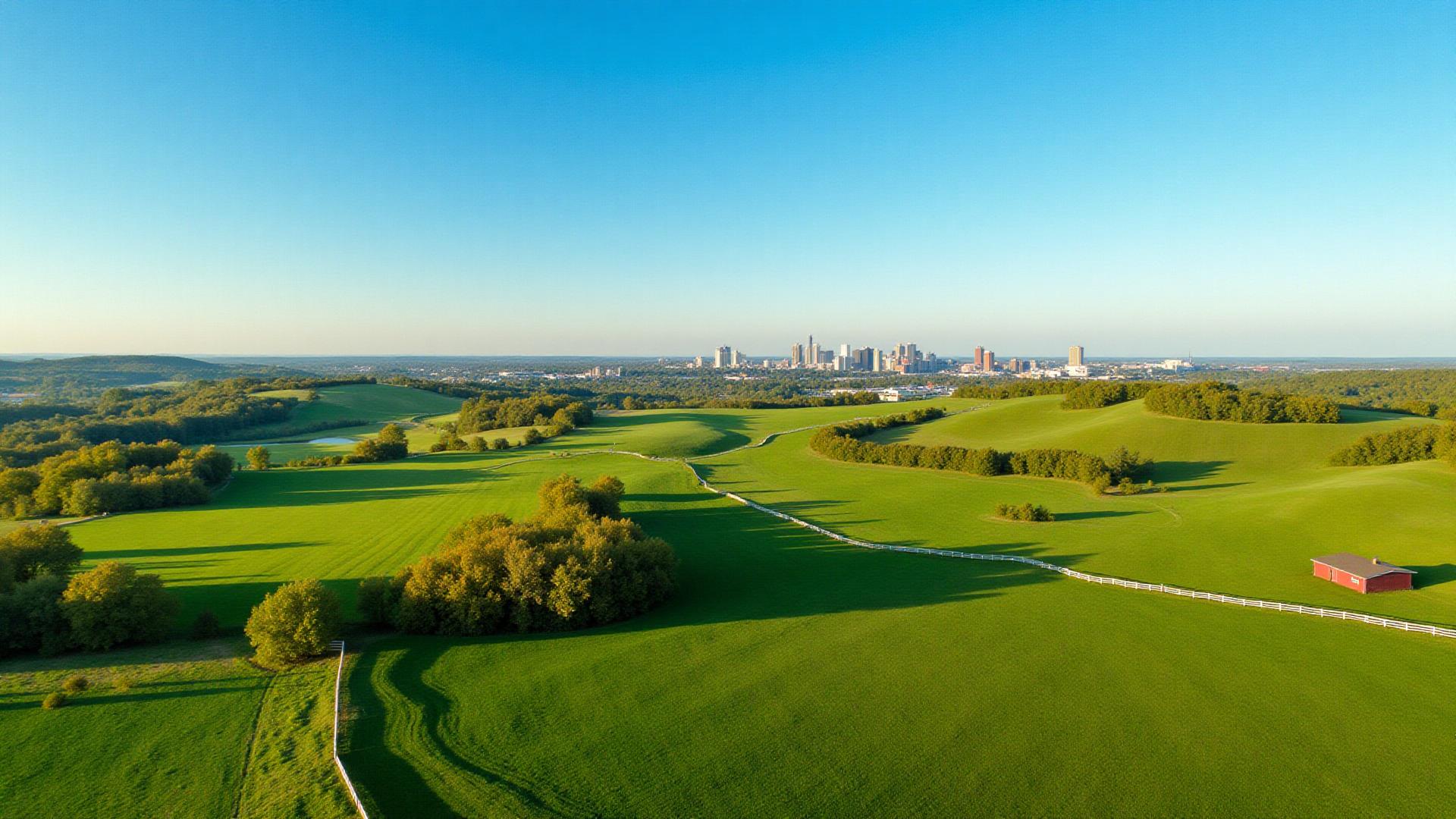 Kentucky bluegrass farmland with Louisville skyline in Jefferson County