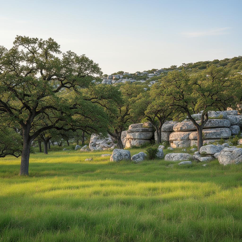 Hill Country ranch land with oak trees in Kendall County