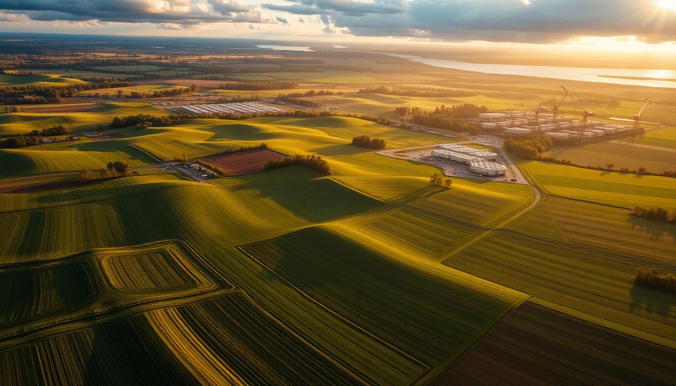 Kentucky farmland with data center construction in distance