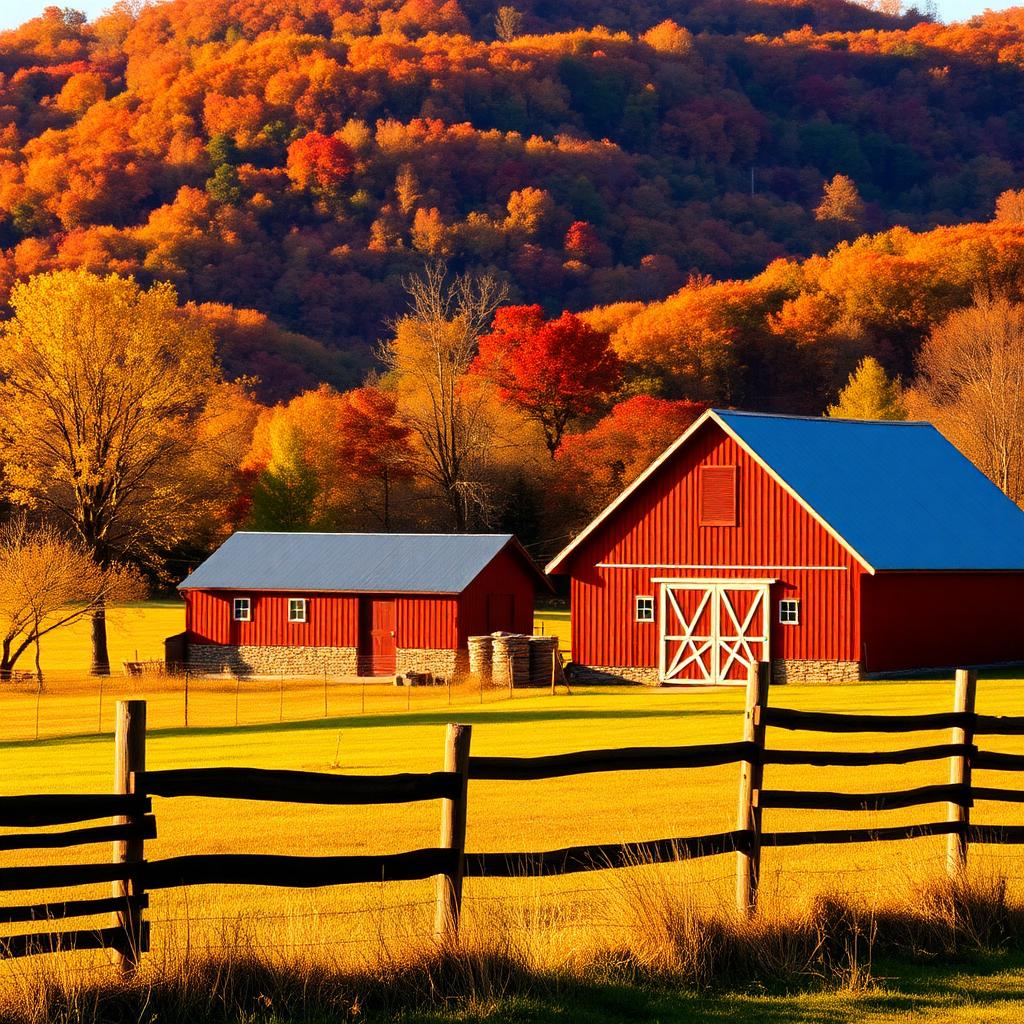 Kentucky rural property with red barn and Appalachian foothills in autumn