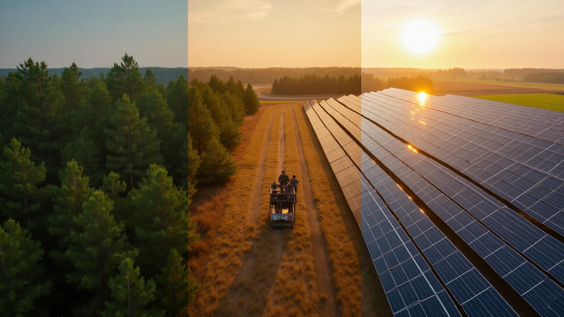Diverse land uses showing timber forest, hunting property, and solar farm generating income