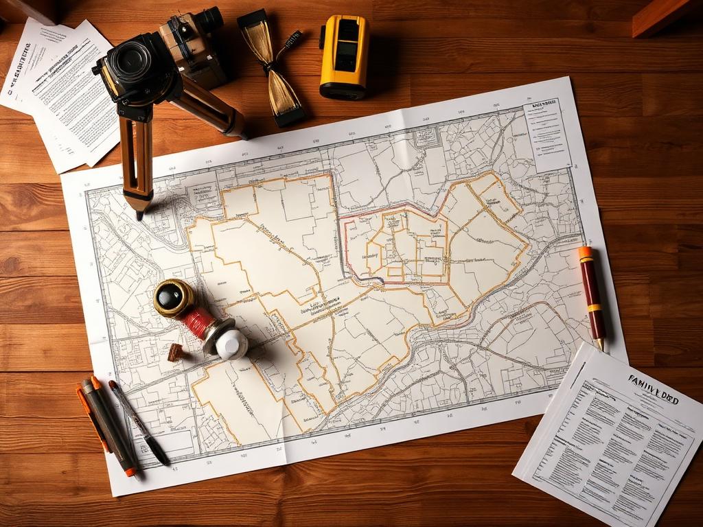 Land survey planning with property maps and surveying equipment