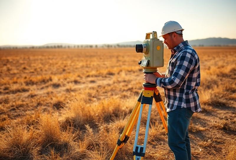 Land surveyor checking property boundaries with surveying equipment