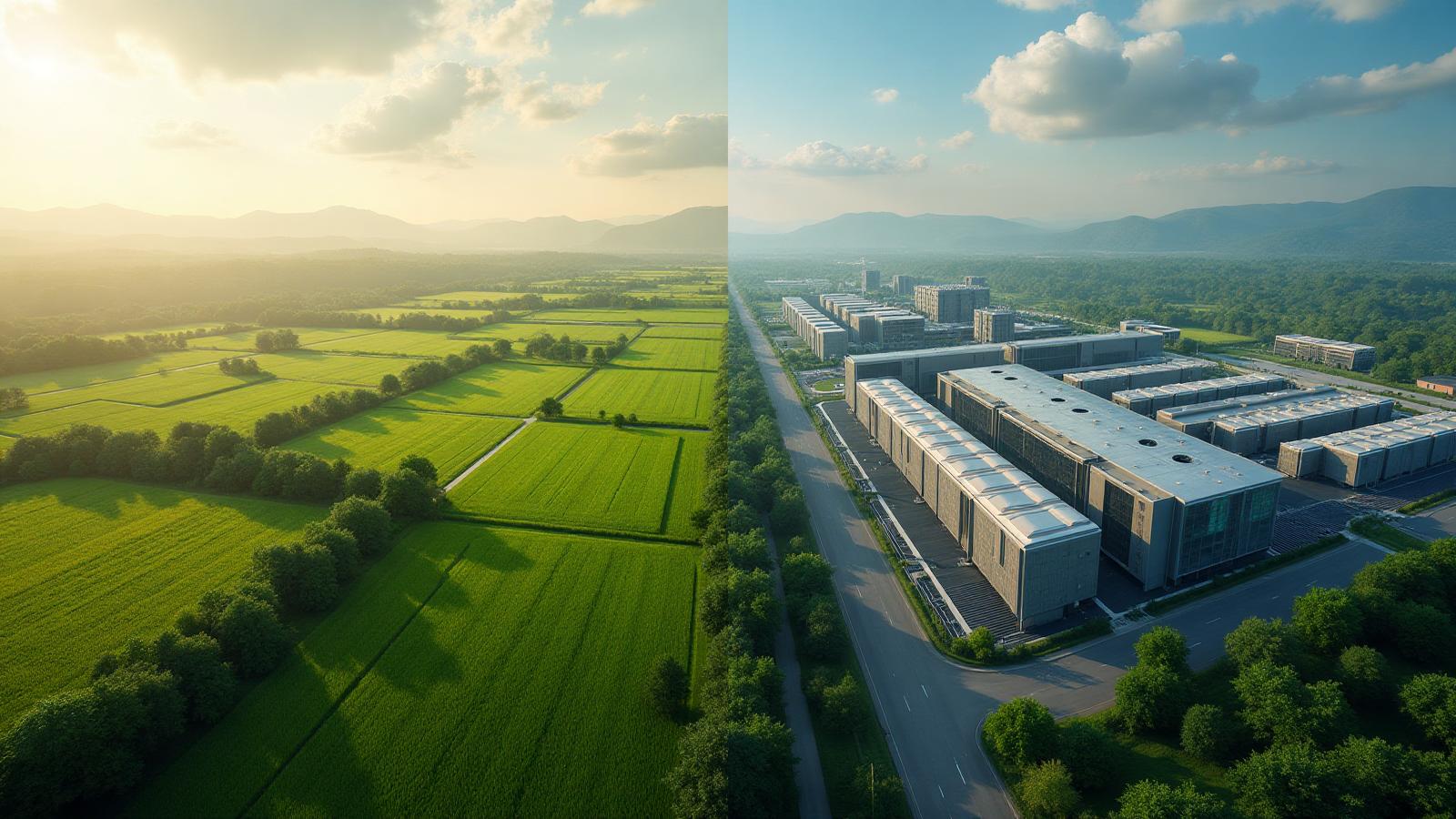 Before and after comparison of rural land transformed into data center