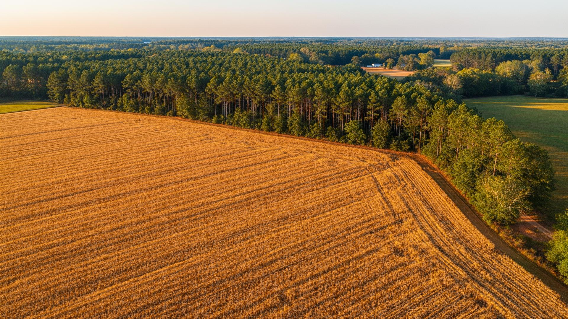 Rural farmland and pine forests in Laurens County, Georgia