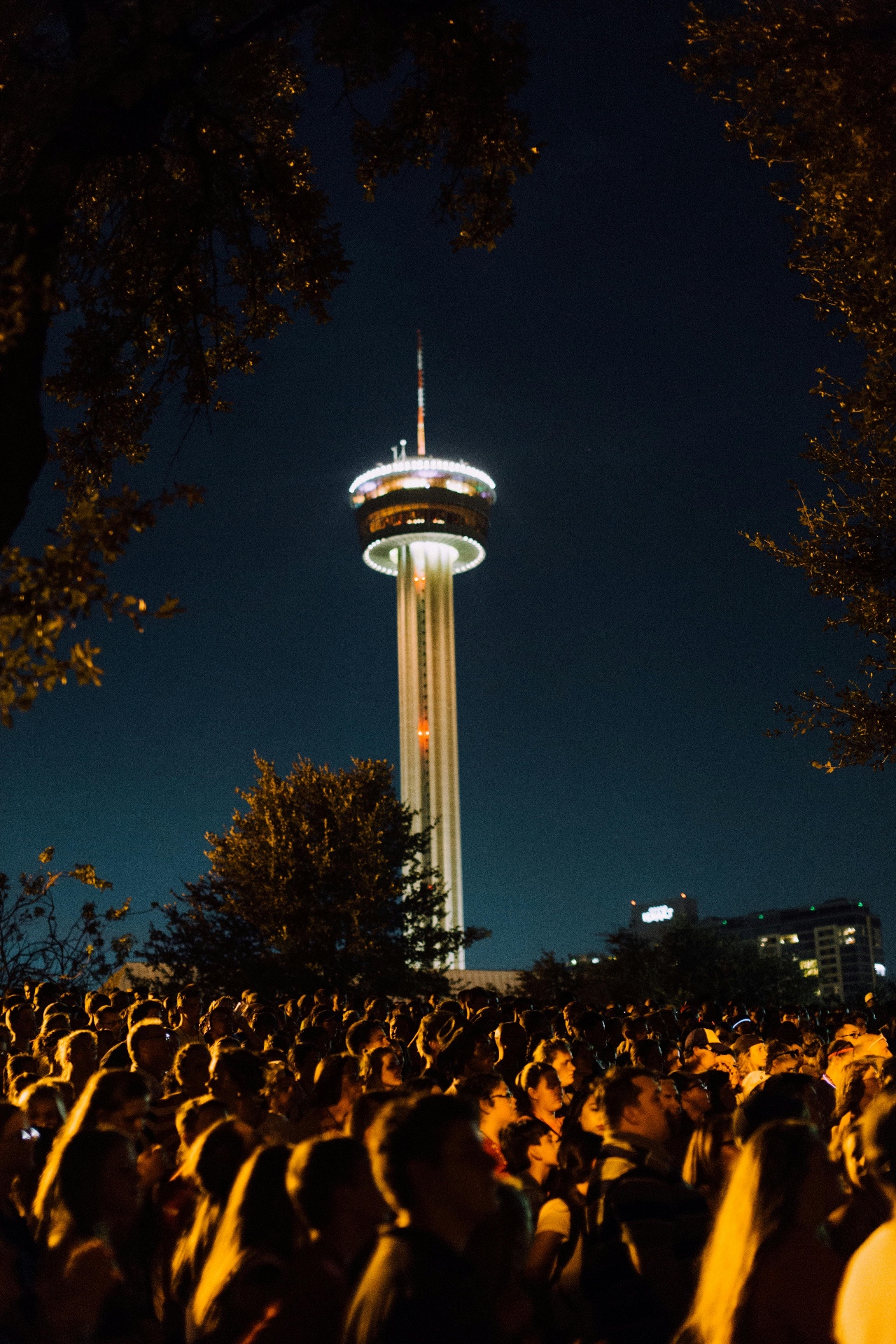 Tower of the Americas illuminated at night near Lavaca