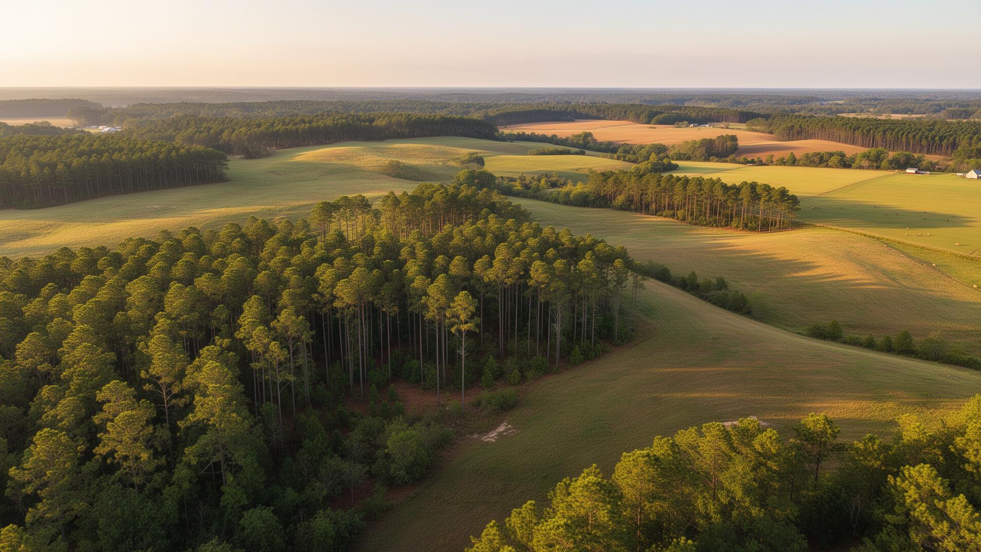 Lee County North Carolina Sandhills landscape with pine forests and rolling farmland