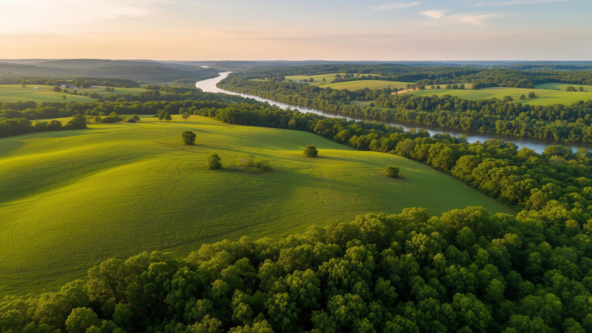 Rolling farmland and Elk River valley in Lincoln County, Tennessee