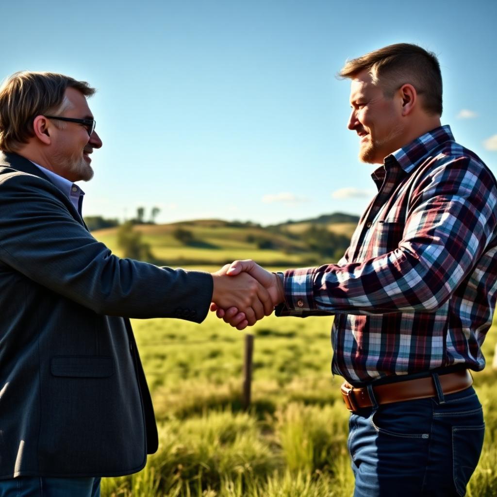 Professional land buyer and seller shaking hands on successful land sale transaction