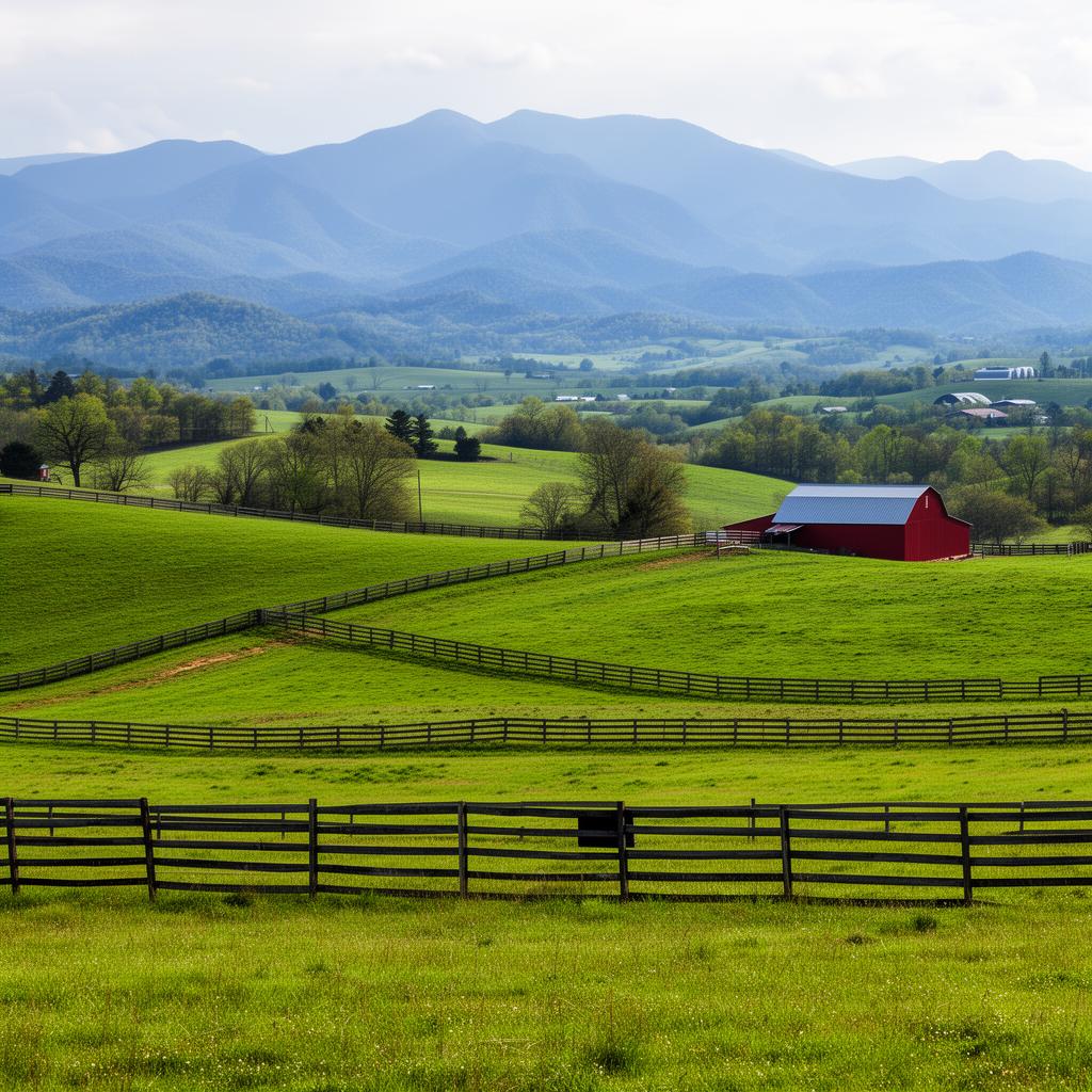 Rolling farmland with mountains in Loudon County, Tennessee