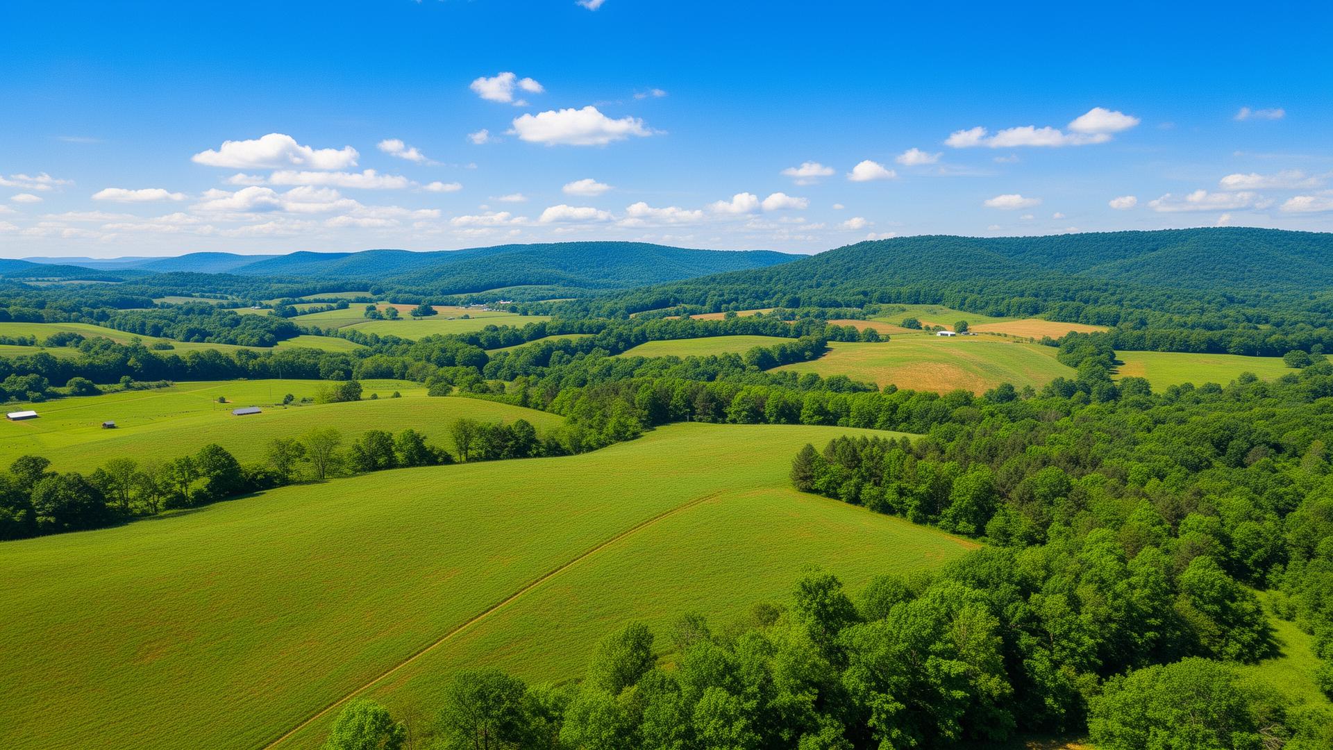 Scenic rolling hills and farmland in Louisa County, Virginia