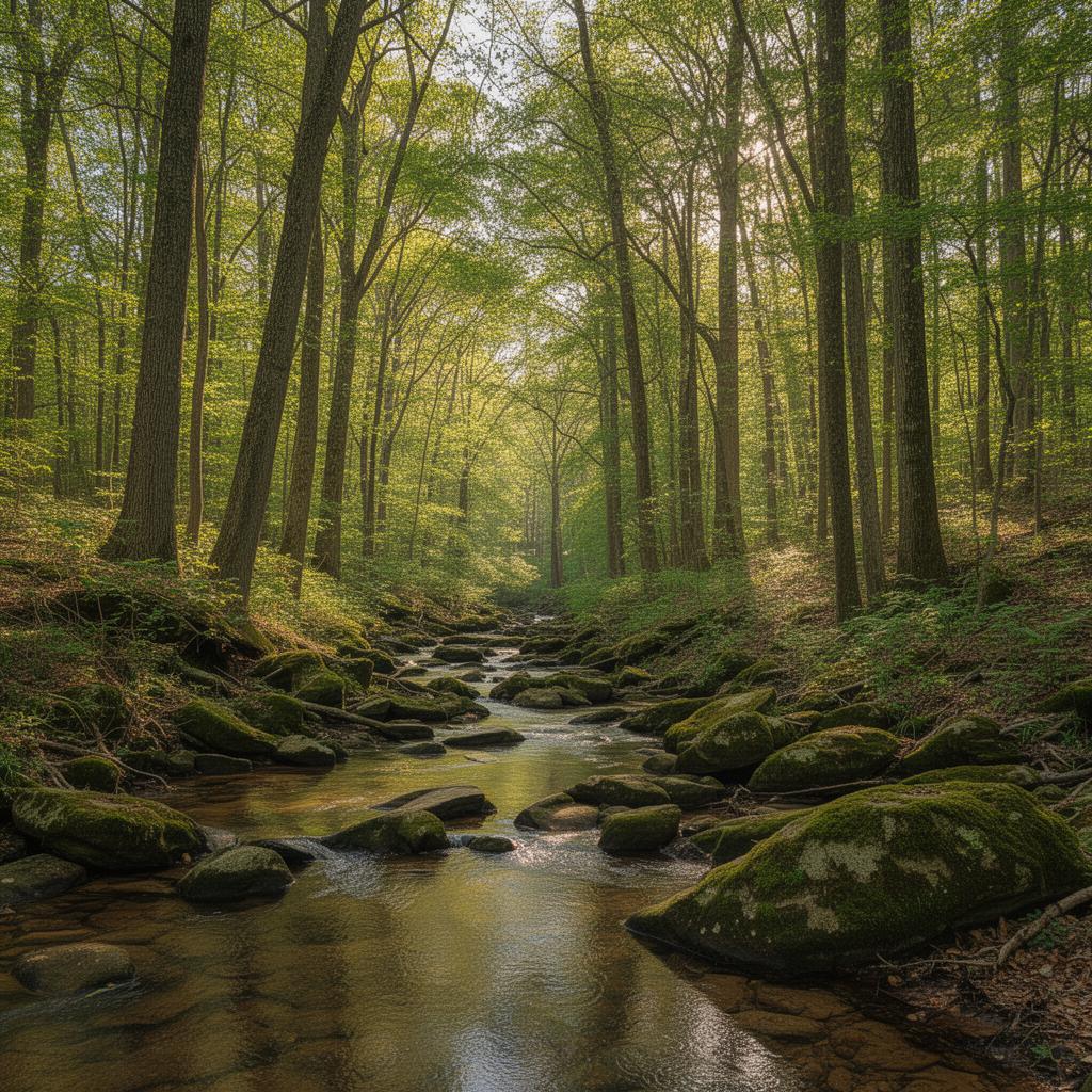 Peaceful Virginia woodland with creek running through hardwood forest in Louisa County