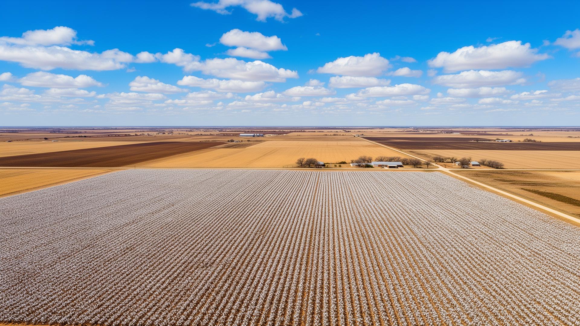 Aerial view of Lubbock County Texas cotton fields and West Texas plains