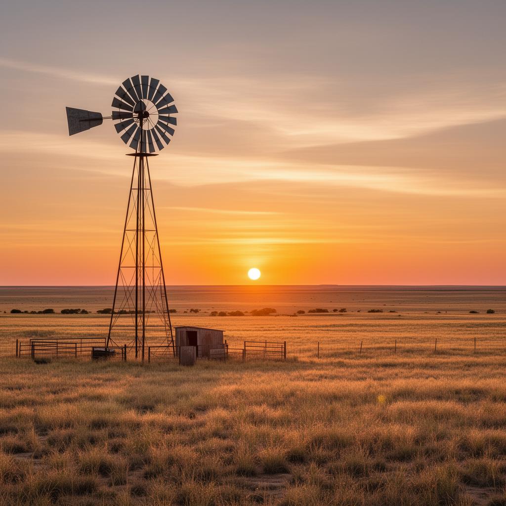 West Texas ranch land with windmill at sunset in Lubbock County