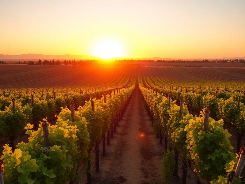 Madera County California vineyard at sunset