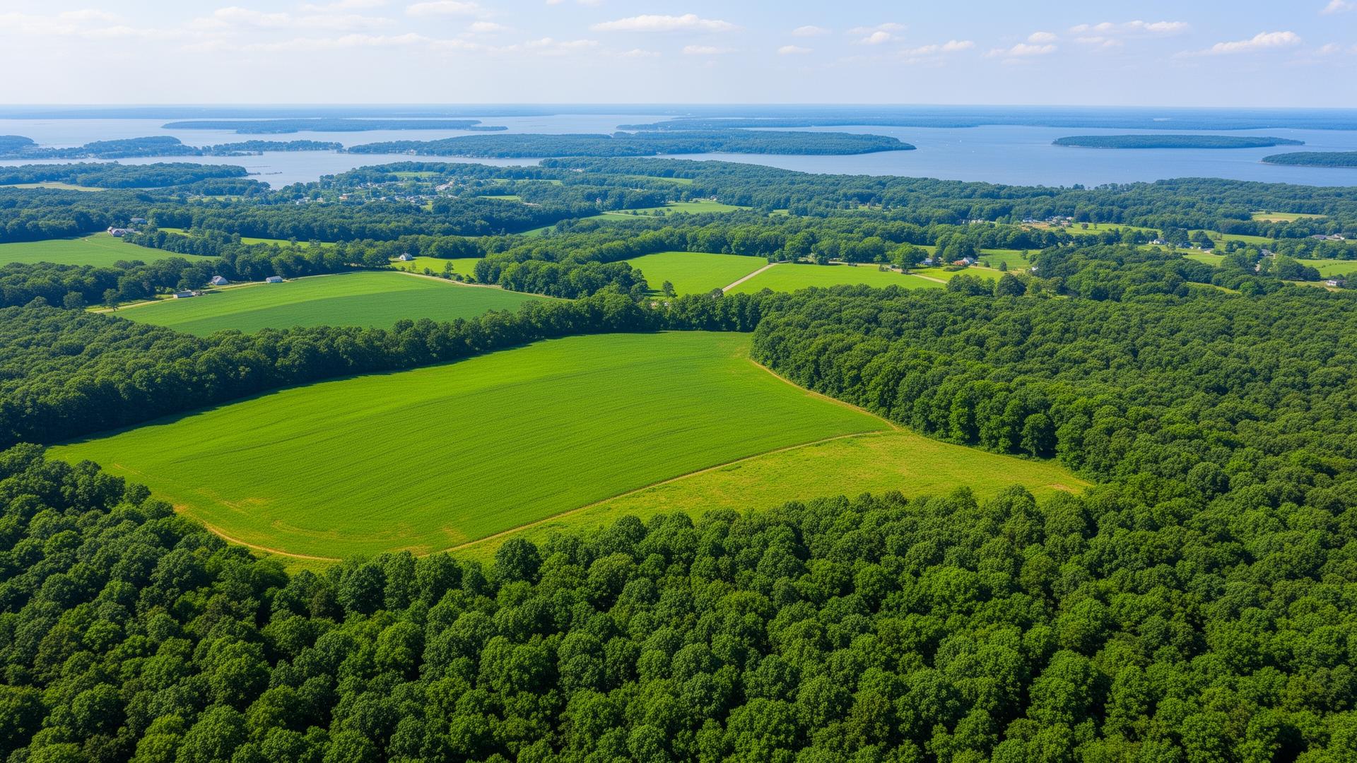 Aerial view of Maryland's protected farmland and forests near Chesapeake Bay