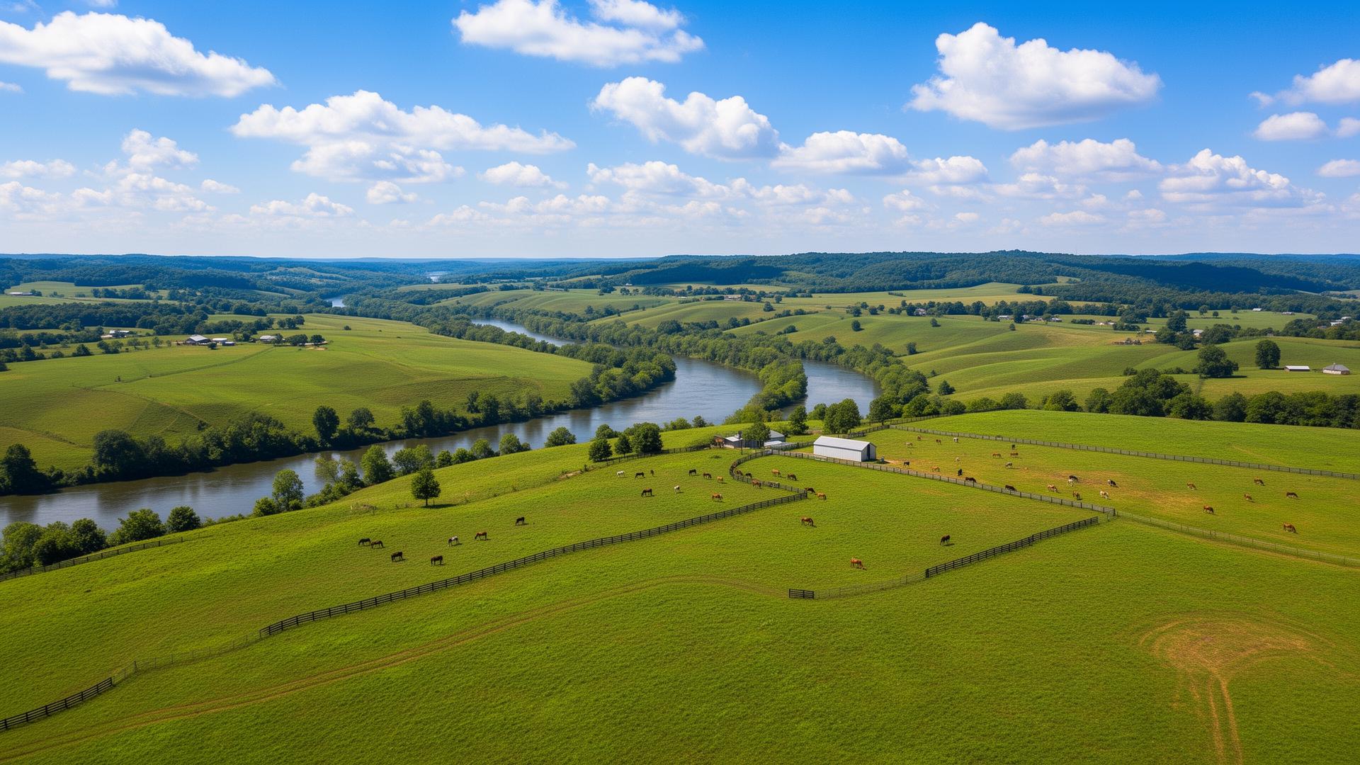 Rolling hills and horse farms in Maury County, Tennessee along Duck River
