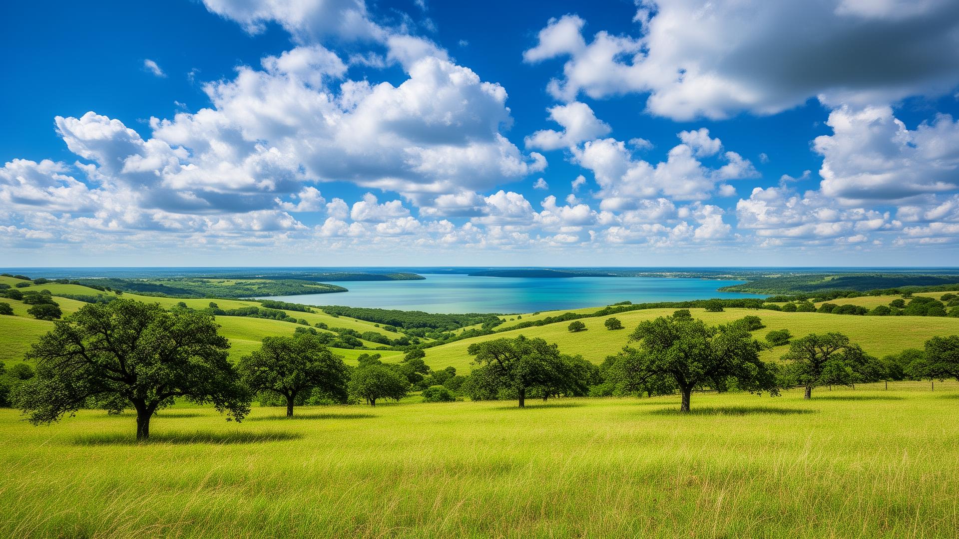 Scenic rolling hills and Grand Lake in Mayes County, Oklahoma