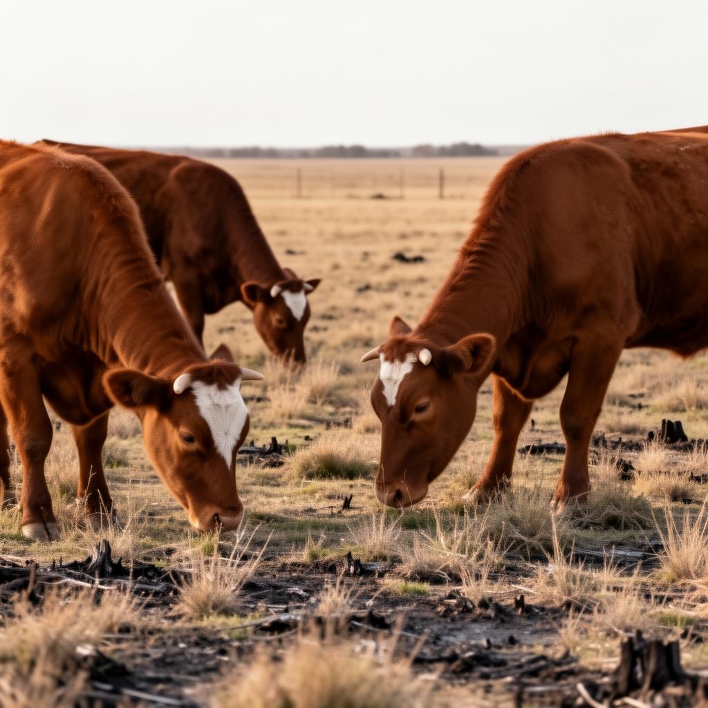 Texas cattle grazing on sparse pasture affected by mealybug infestation