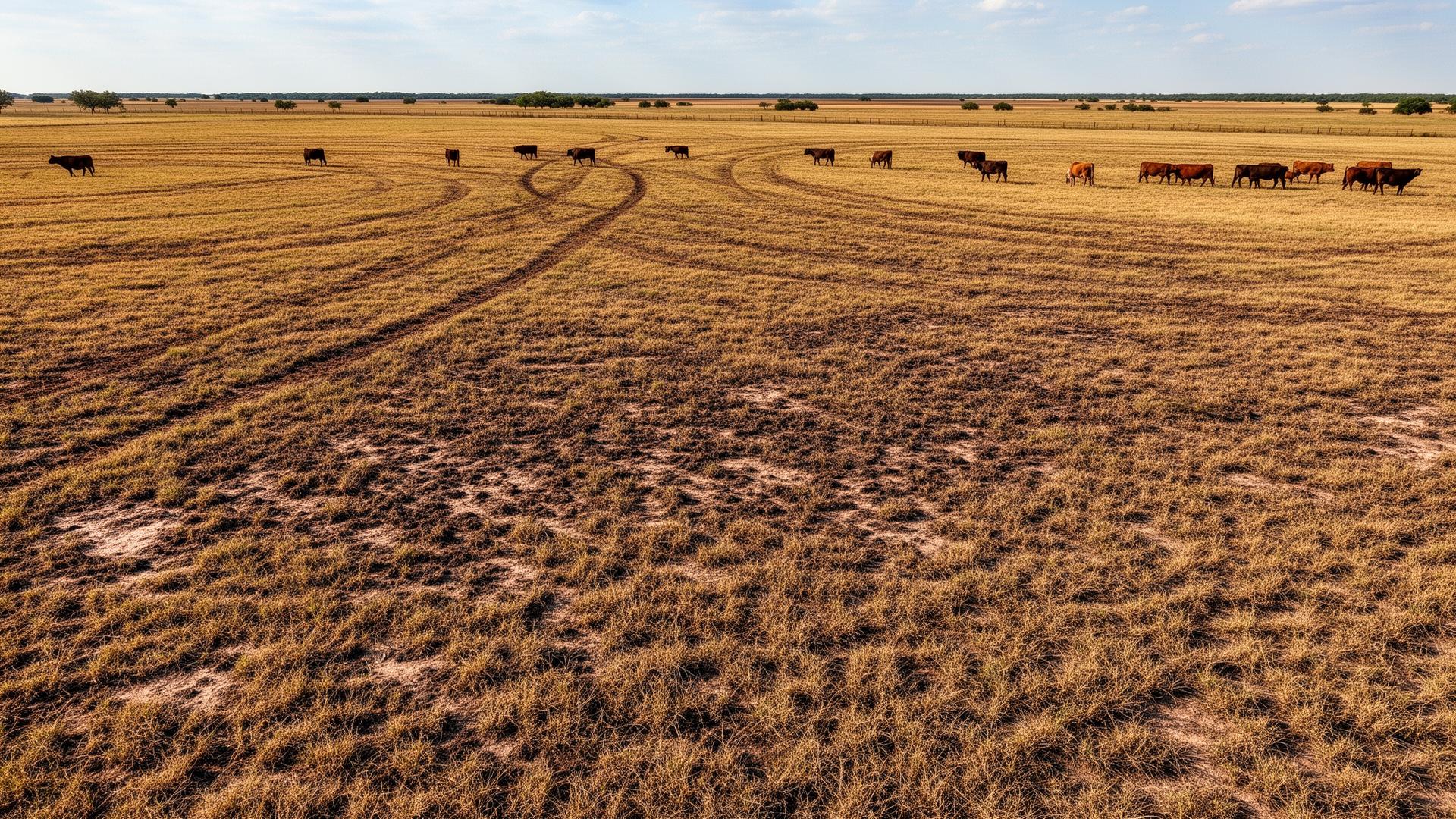 Texas ranchland showing stressed pastures affected by invasive mealybug infestation