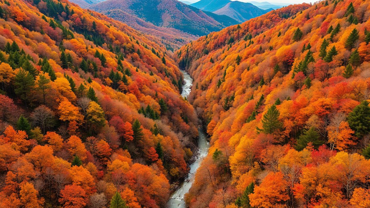 Missouri Ozark valley with autumn colors and winding creek