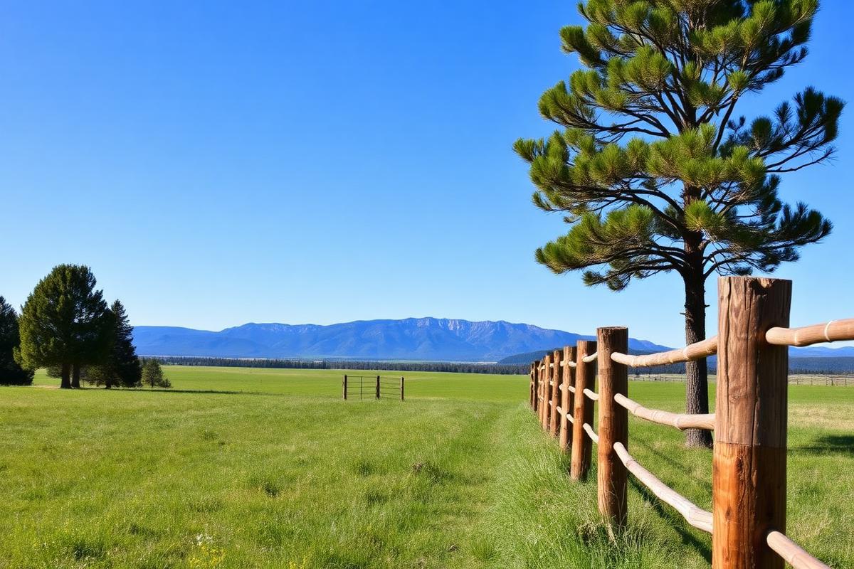 Montana ranch land with wooden fence posts and mountain backdrop available for cash sale