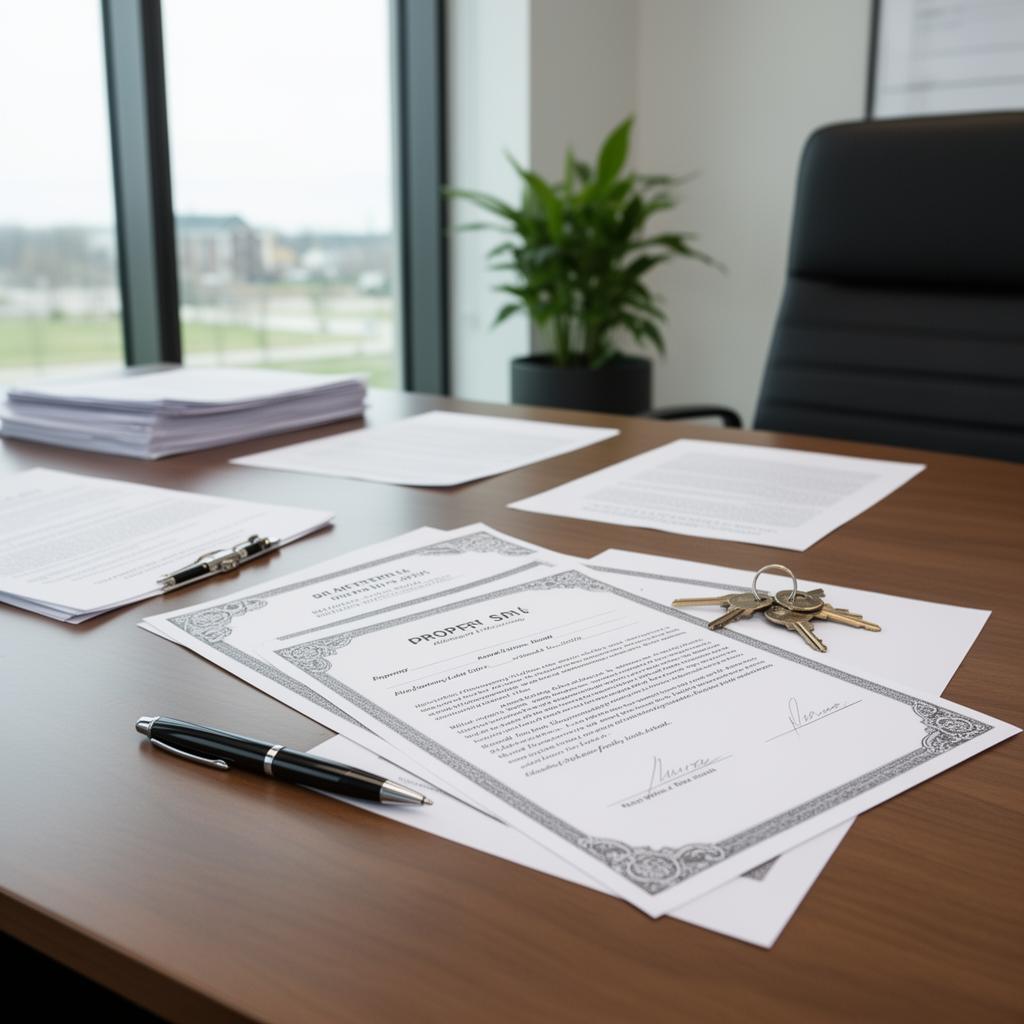 Land sale closing documents and paperwork on desk