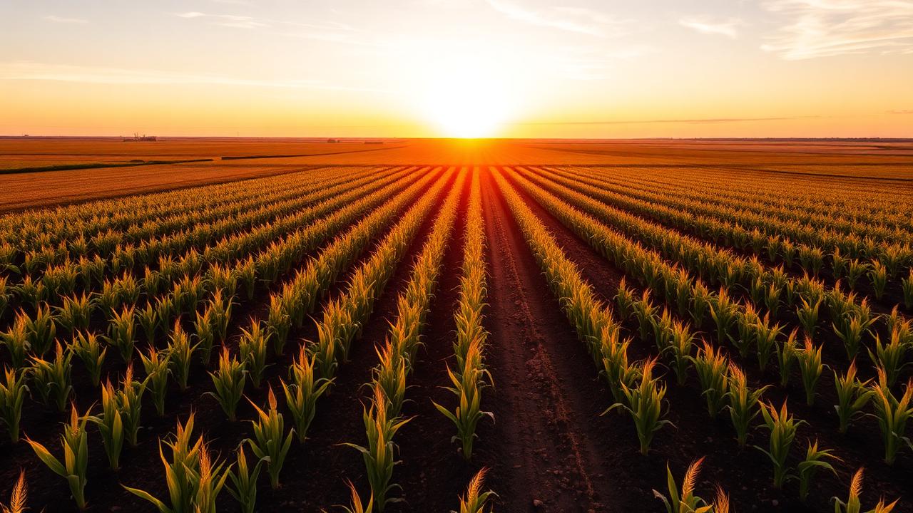 Nebraska farmland with golden corn rows stretching to the sunset horizon