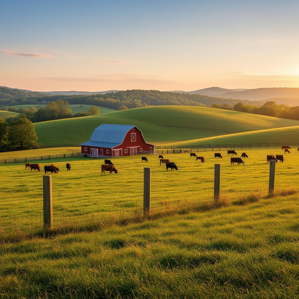 Kentucky bluegrass farmland with red barn in Nelson County