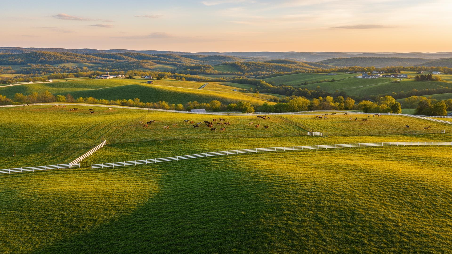 Rolling bluegrass hills and horse farms in Nelson County Kentucky