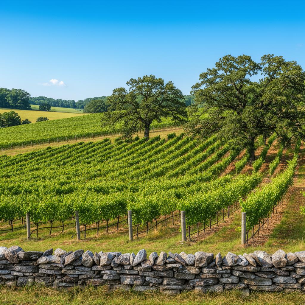 Kentucky vineyard and farmland with stone walls in Nelson County
