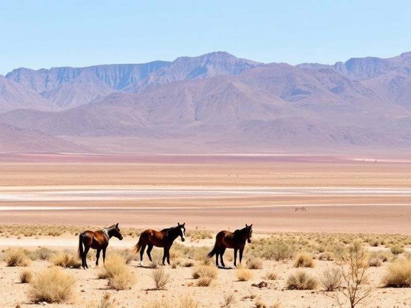 Wild horses grazing in a Nevada valley with mountains and dry lakebed in background