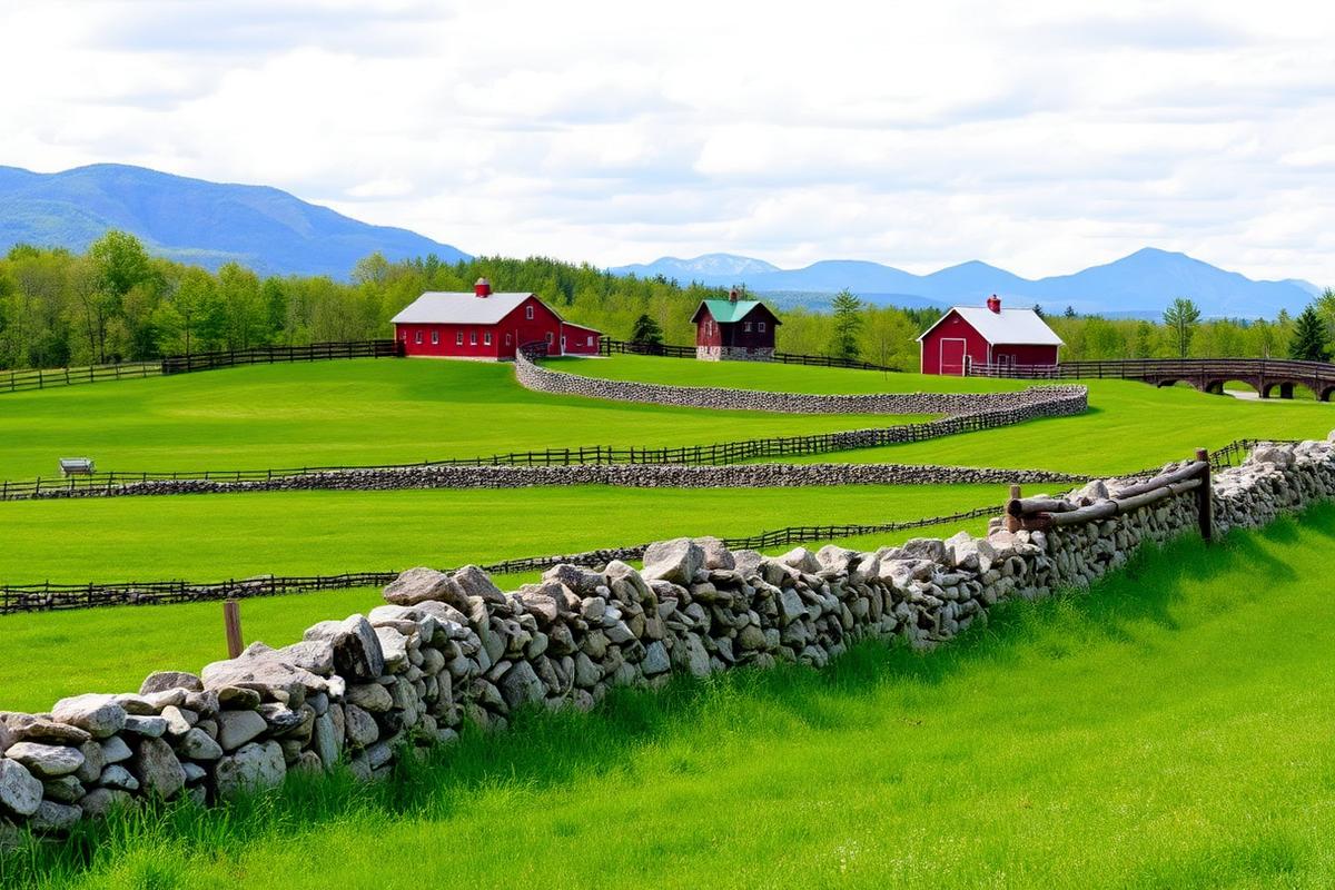 New Hampshire farmland with stone walls, green pastures, red barns and White Mountains backdrop