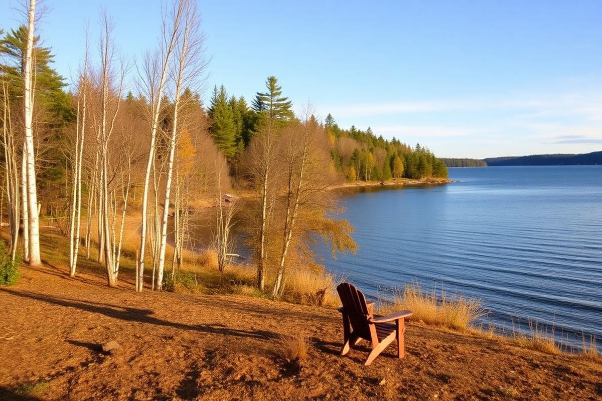 New Hampshire lakefront property with birch trees along pristine lake shore, vacant wooded land for sale