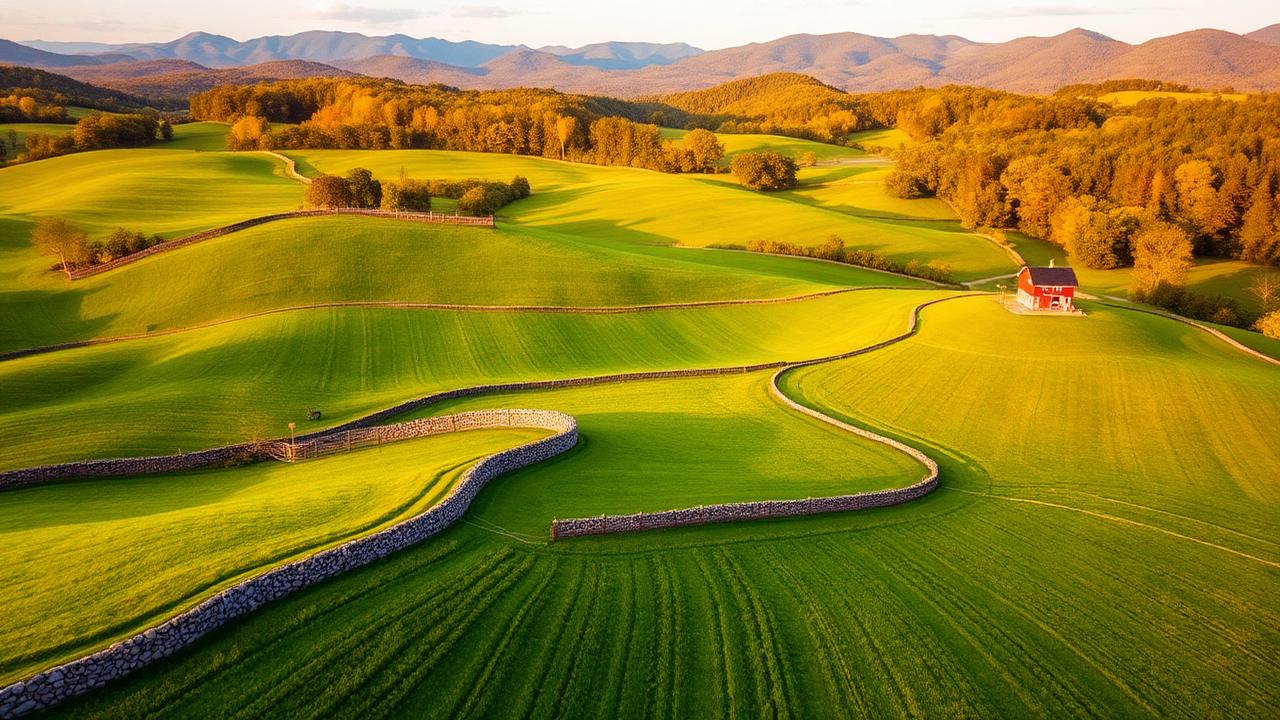 Hudson Valley New York farmland with rolling hills and stone walls