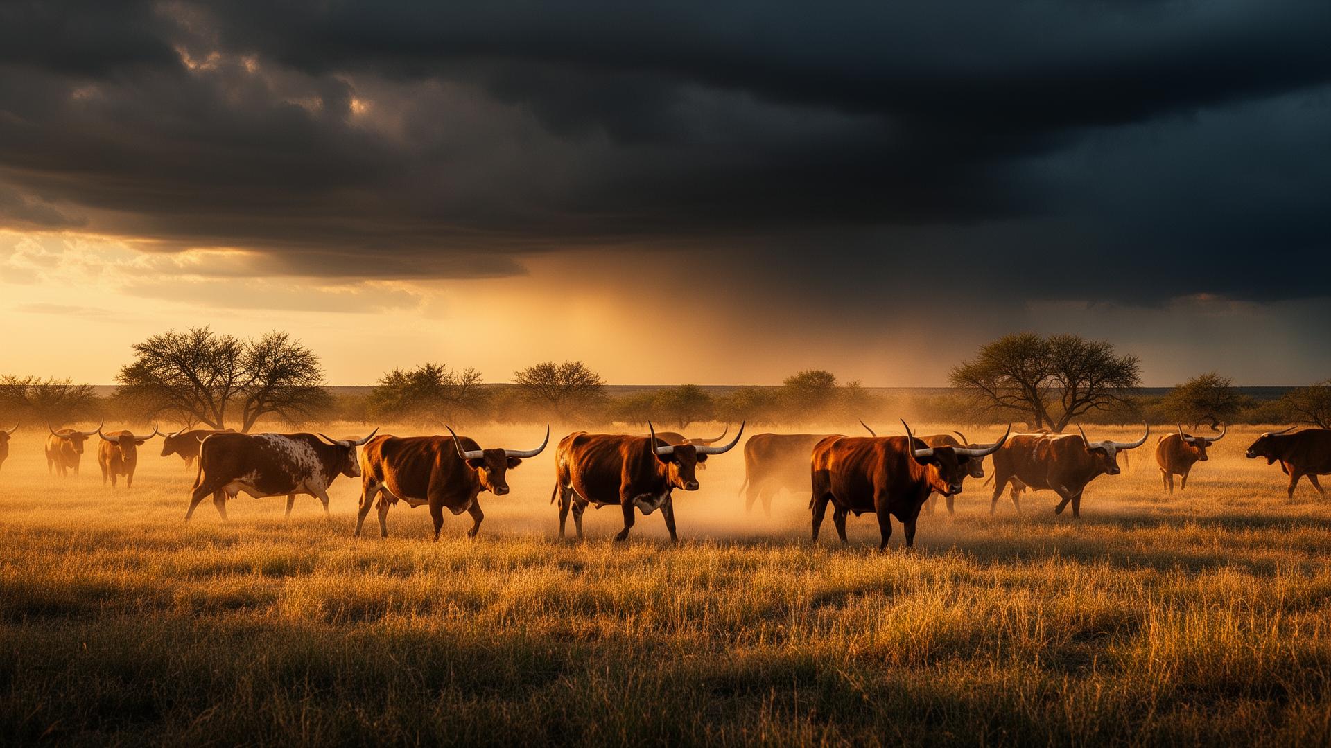 Texas longhorn cattle herd under a darkening sky on open rangeland