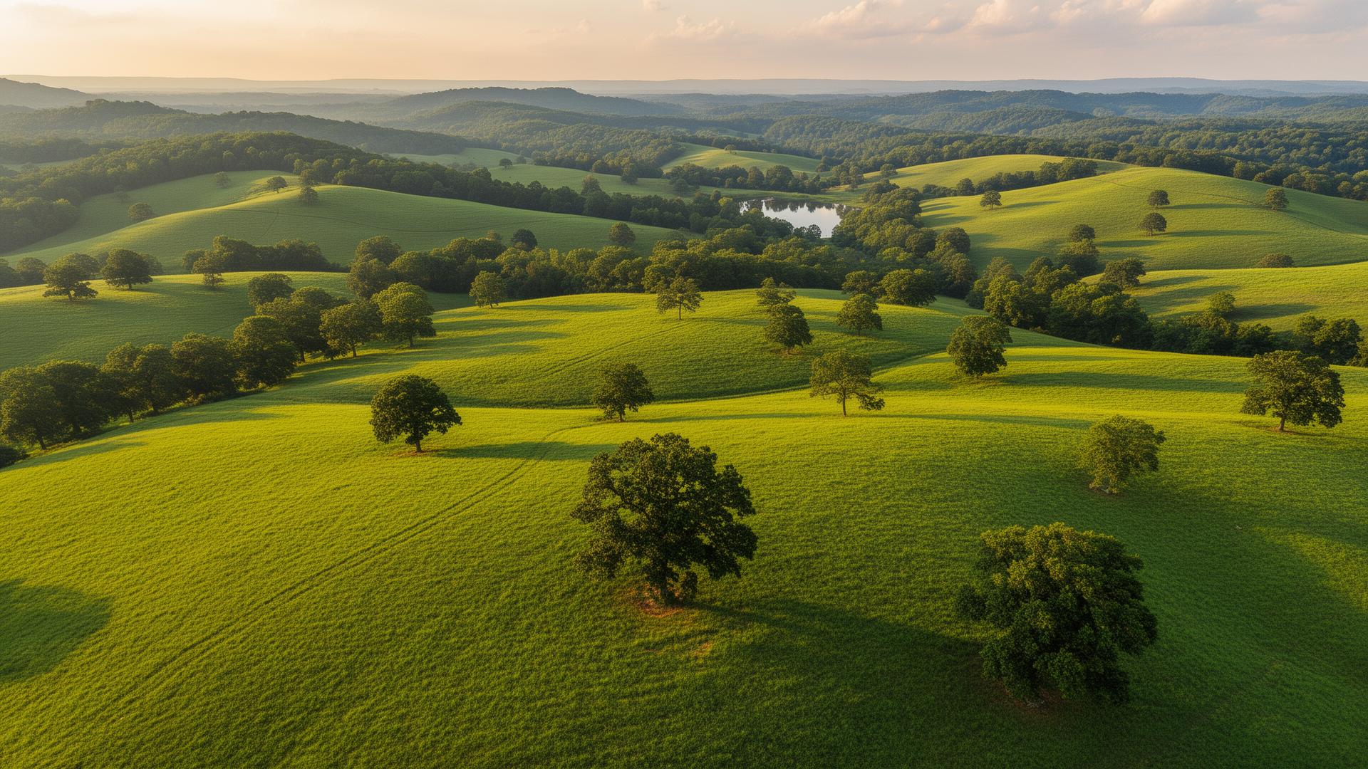 Rolling hills and farmland in Oconee County, Georgia