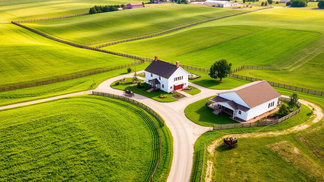 Ohio Amish country farmland with white farmhouse and green rolling pastures