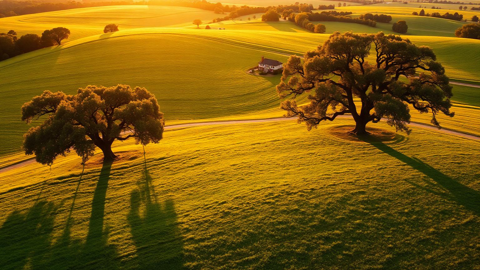 Aerial view of rolling American pasture land at golden hour with mature oak trees