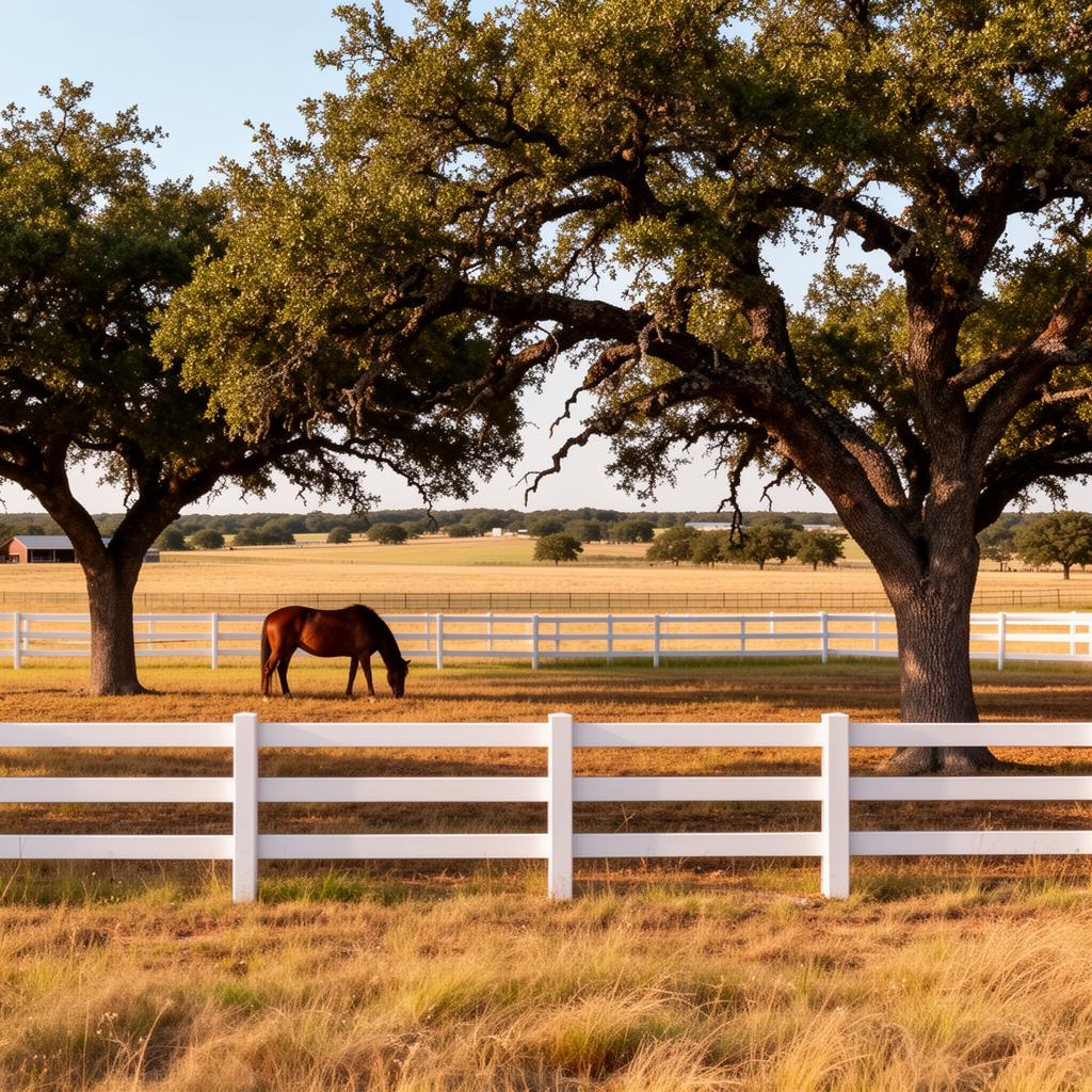 Horse pasture with white fencing in Parker County, Texas