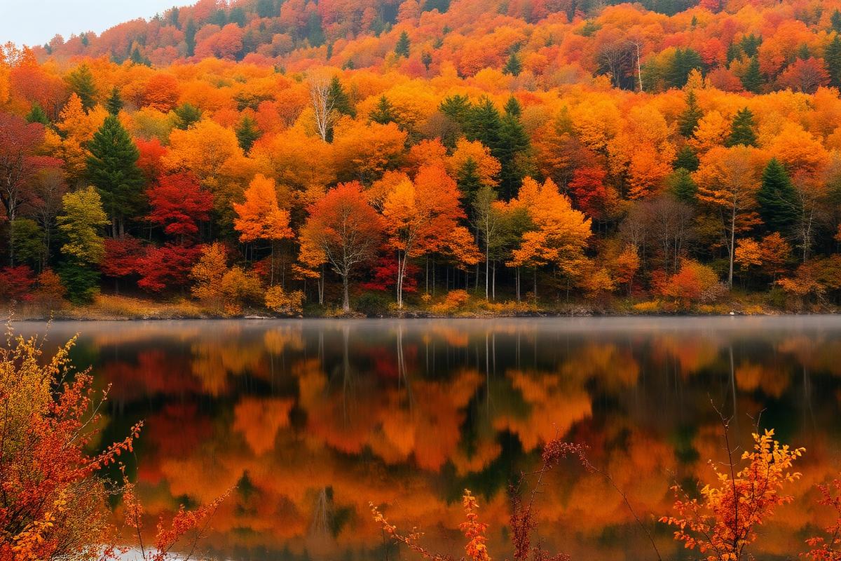 Pocono Mountains Pennsylvania autumn landscape with lake reflection and colorful hardwood forest