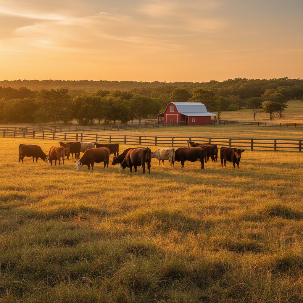 Oklahoma ranch land with cattle grazing at sunset in Pontotoc County