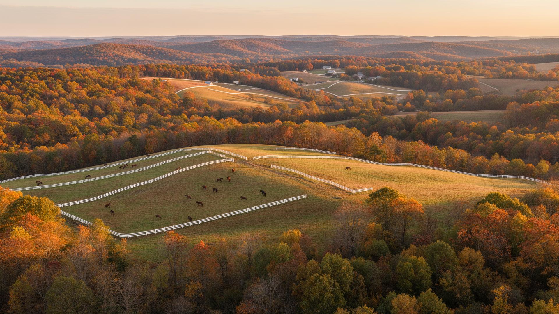 Rolling hills and horse farms in Powhatan County, Virginia piedmont landscape
