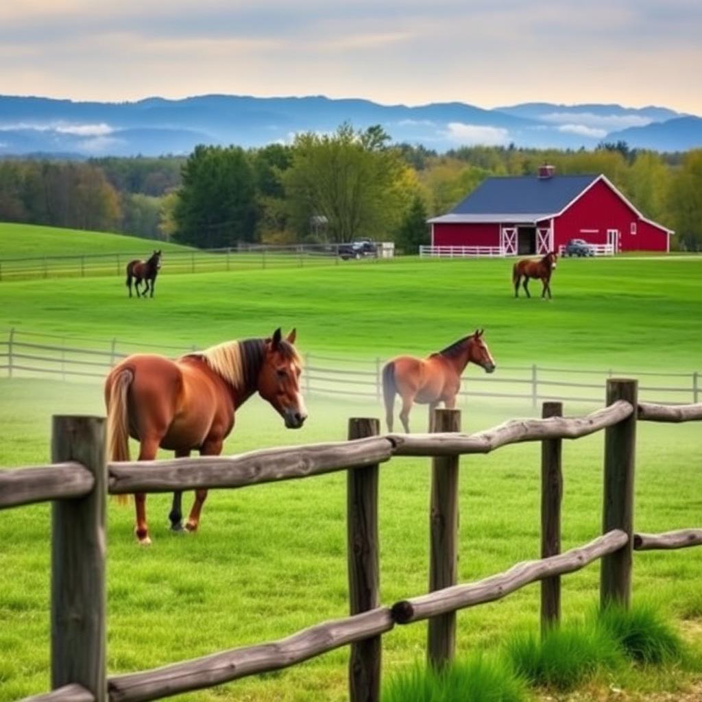 Scenic horse farm in Powhatan County, Virginia with rolling green pastures