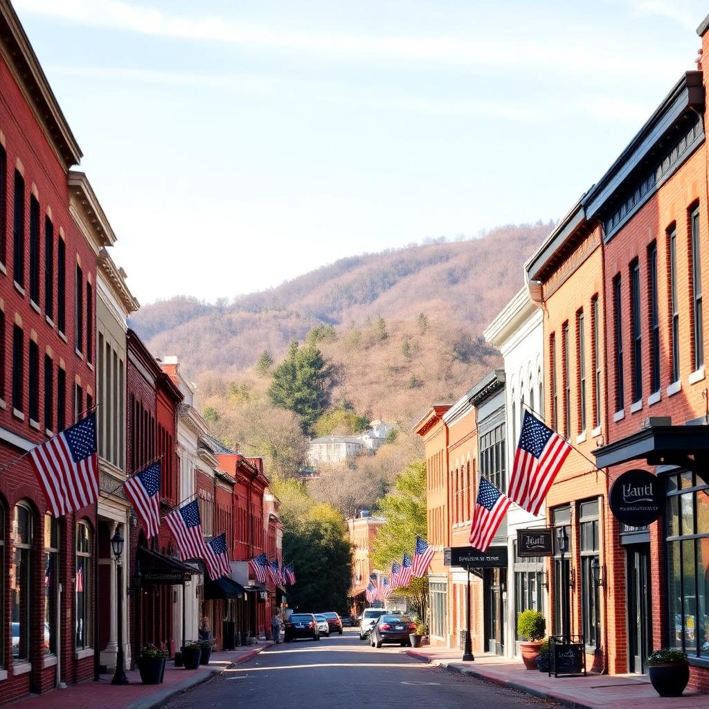 Historic downtown Pulaski Virginia with brick buildings and mountain backdrop